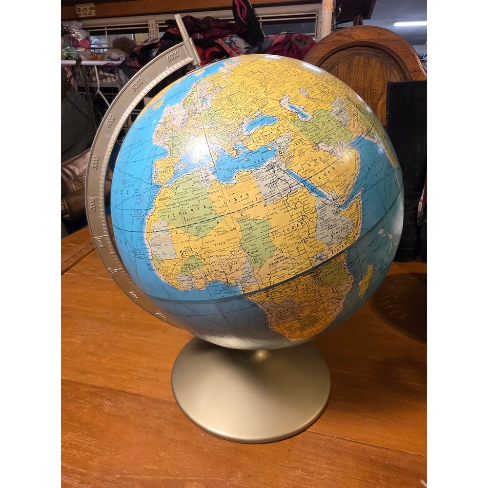 Vintage Rand McNally World Globe Blue Ocean Gold Metal Base Made in USA 16 Inch
